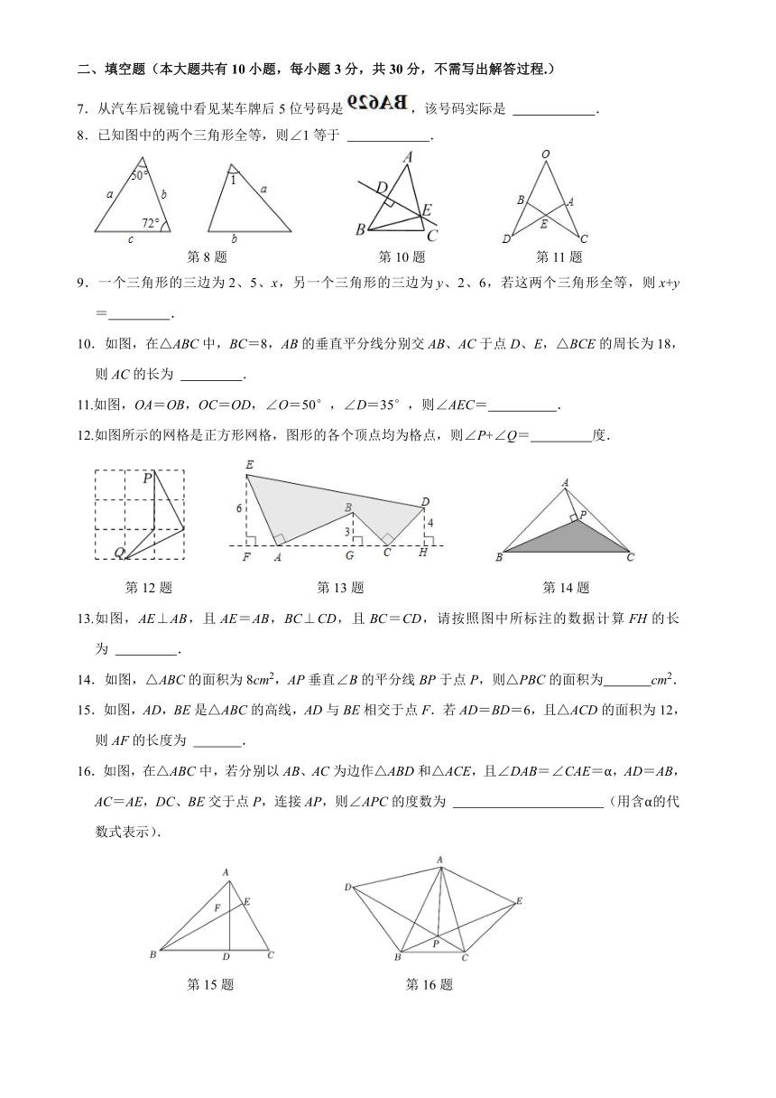 江苏省泰州市姜堰区实验初级中学2023-2024学年上学期第一次学情调查八年级数学试卷（无答案）