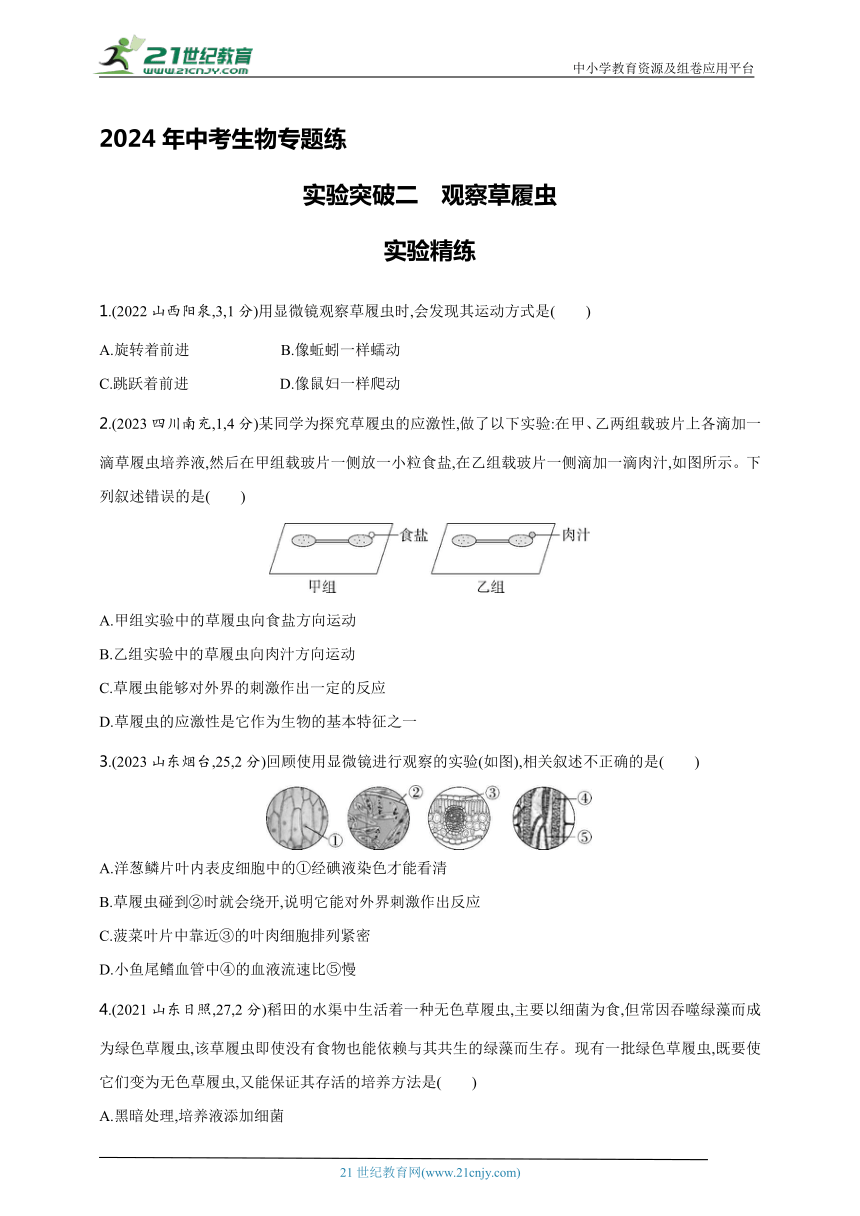 2024年中考生物专题练--实验突破二 观察草履虫（含解析）