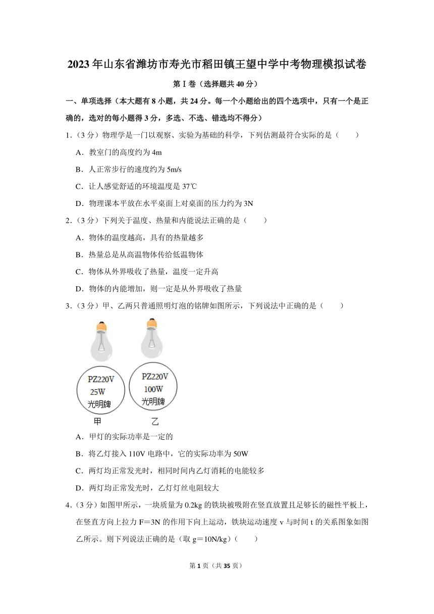 2023年山东省潍坊市寿光市稻田镇王望中学中考物理模拟试卷(含解析)