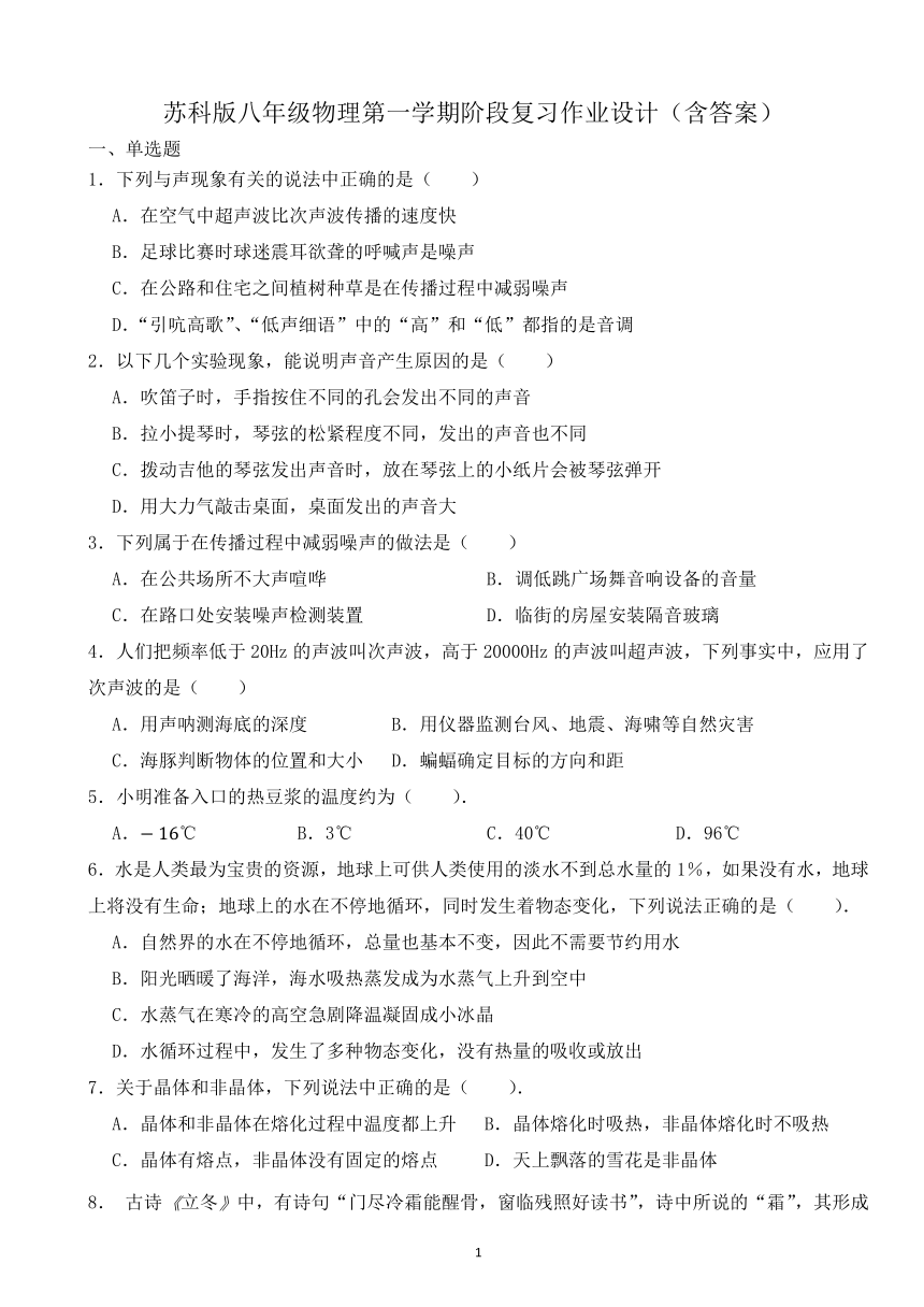 苏科版八年级物理第一学期阶段复习作业设计（含答案）