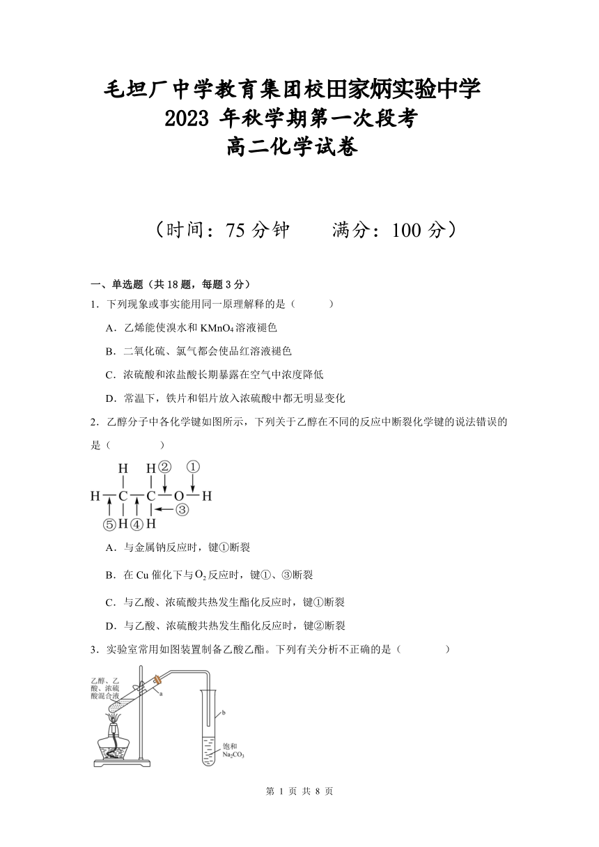 安徽省六安市田家炳实验中学2023-2024学年高二上学期第一次段考化学试题（PDF版无答案）