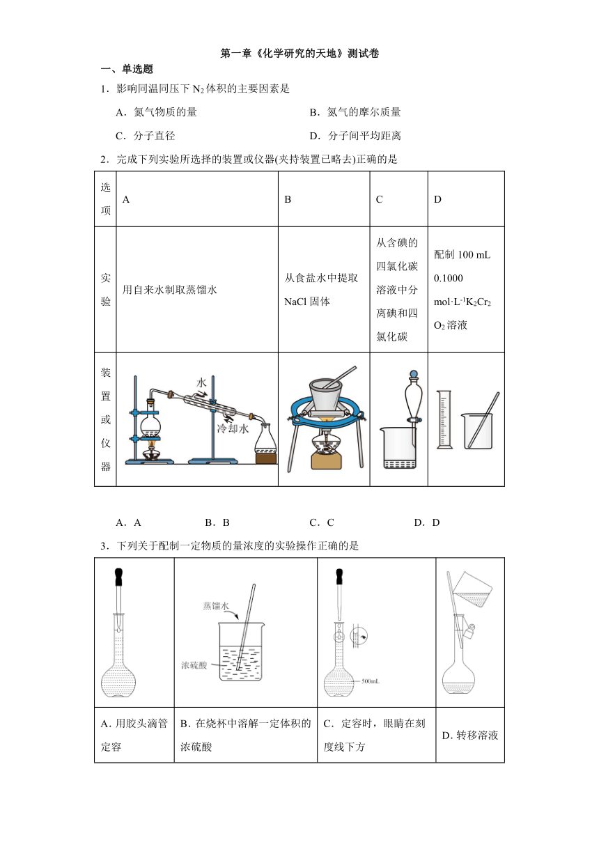 第一章 化学研究的天地 测试卷（含解析）2023-2024学年高一上学期化学沪科版（2020）必修第一册