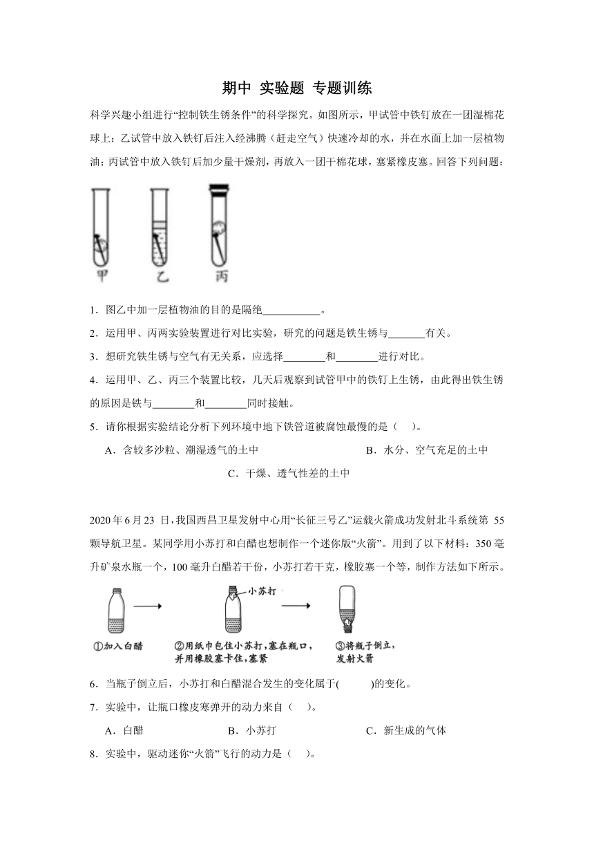 科学六年级上册（粤教版2017）期中 实验题专题训练（含解析）