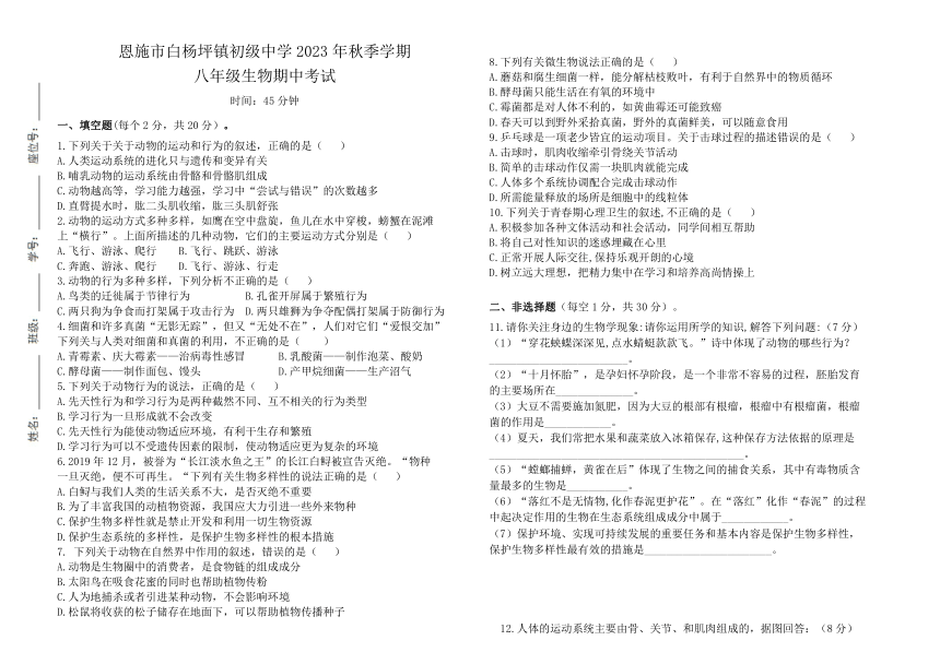 湖北省恩施市白杨坪镇初级中学2023-2024学年八年级上学期期中考试生物模拟试卷（含答案）