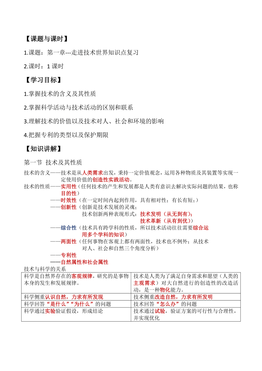 第一章 走进技术世界 复习学历案-2023-2024学年高中通用技术地质版（2019）必修《技术与设计1》
