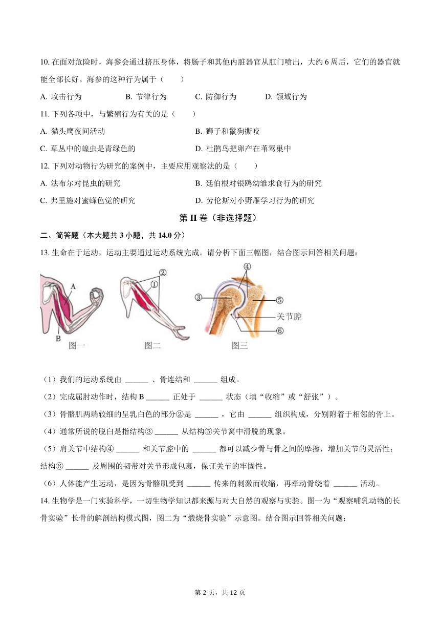 2023-2024学年辽宁省抚顺实验中学八年级（上）月考生物试卷（10月份）(含解析）