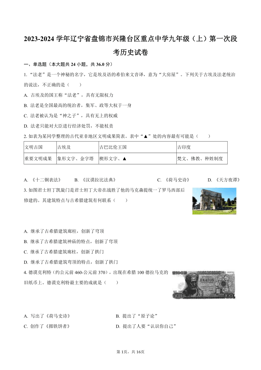 2023-2024学年辽宁省盘锦市兴隆台区重点中学九年级（上）第一次段考历史试卷（含解析）