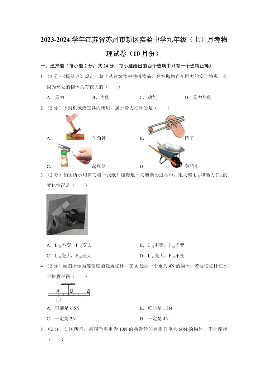 2023-2024学年江苏省苏州市新区实验中学九年级（上）月考物理试卷（10月份）（含解析）