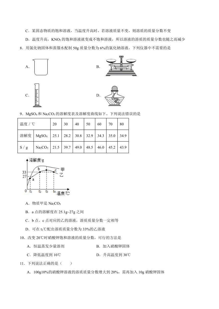 第三单元 溶液 检测题（含答案）2023-2024学年鲁教版初中化学九年级上册