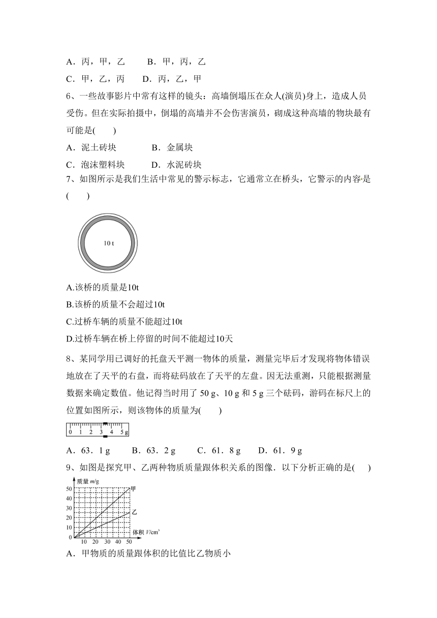 2023—2024学年八年级上册物理沪科版第5章 质量与密度 达标题（含答案）