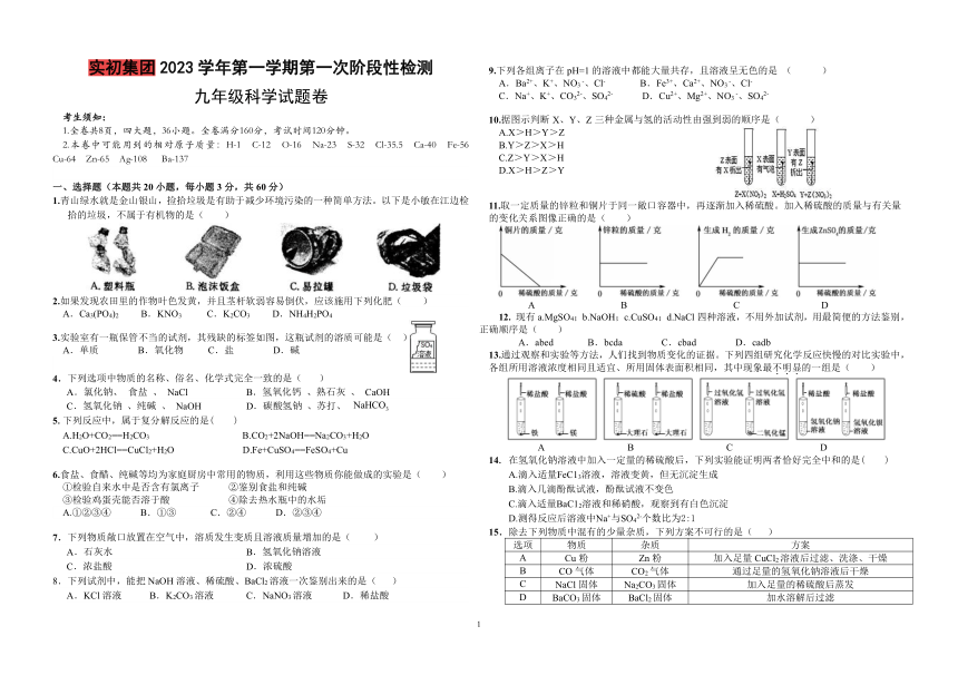 浙江省绍兴市上虞区实初教育集团2023-2024学年第一学期第一次阶段性检测九年级科学试卷（PDF版，无答案）