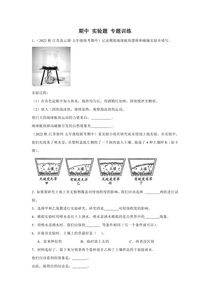 科学五年级上册（苏教版2017）期中 实验题专题训练（含解析）