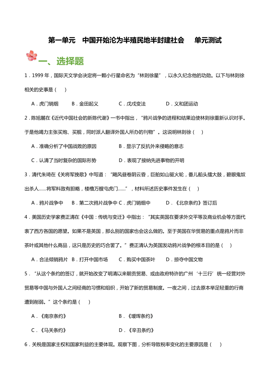 八年级历史上册（部编版）第一单元中国开始沦为半殖民地社会（单元测试）（含答案）