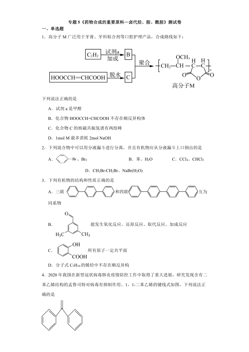 专题5 药物合成的重要原料—卤代烃、胺、酰胺 测试卷（含解析）2023-2024学年高二下学期化学苏教版（2019）选择性必修3