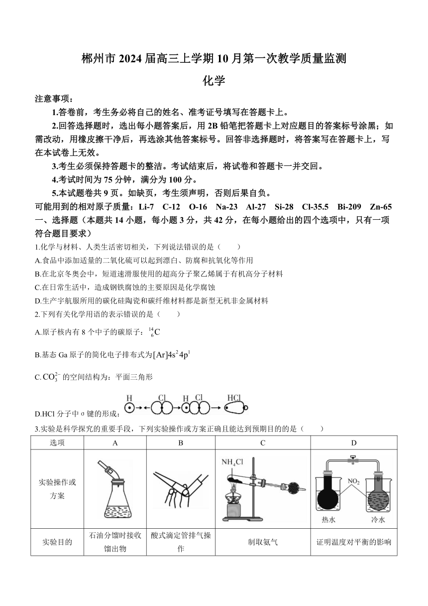 湖南省郴州市2024届高三上学期10月第一次教学质量监测化学试题（含答案）