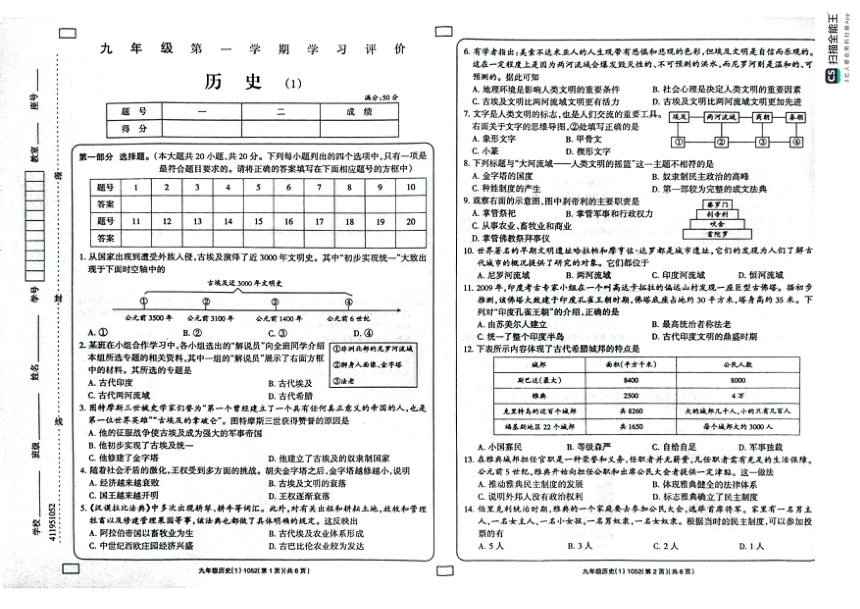 河南省周口市鹿邑县2023-2024学年九年级上学期学习评价一历史试题（扫描版含答案）