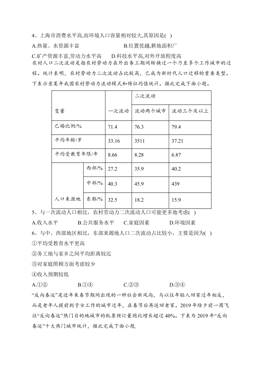 2023-2024学年 人教版（2019）必修二 第一章 人口 单元测试卷(含答案)