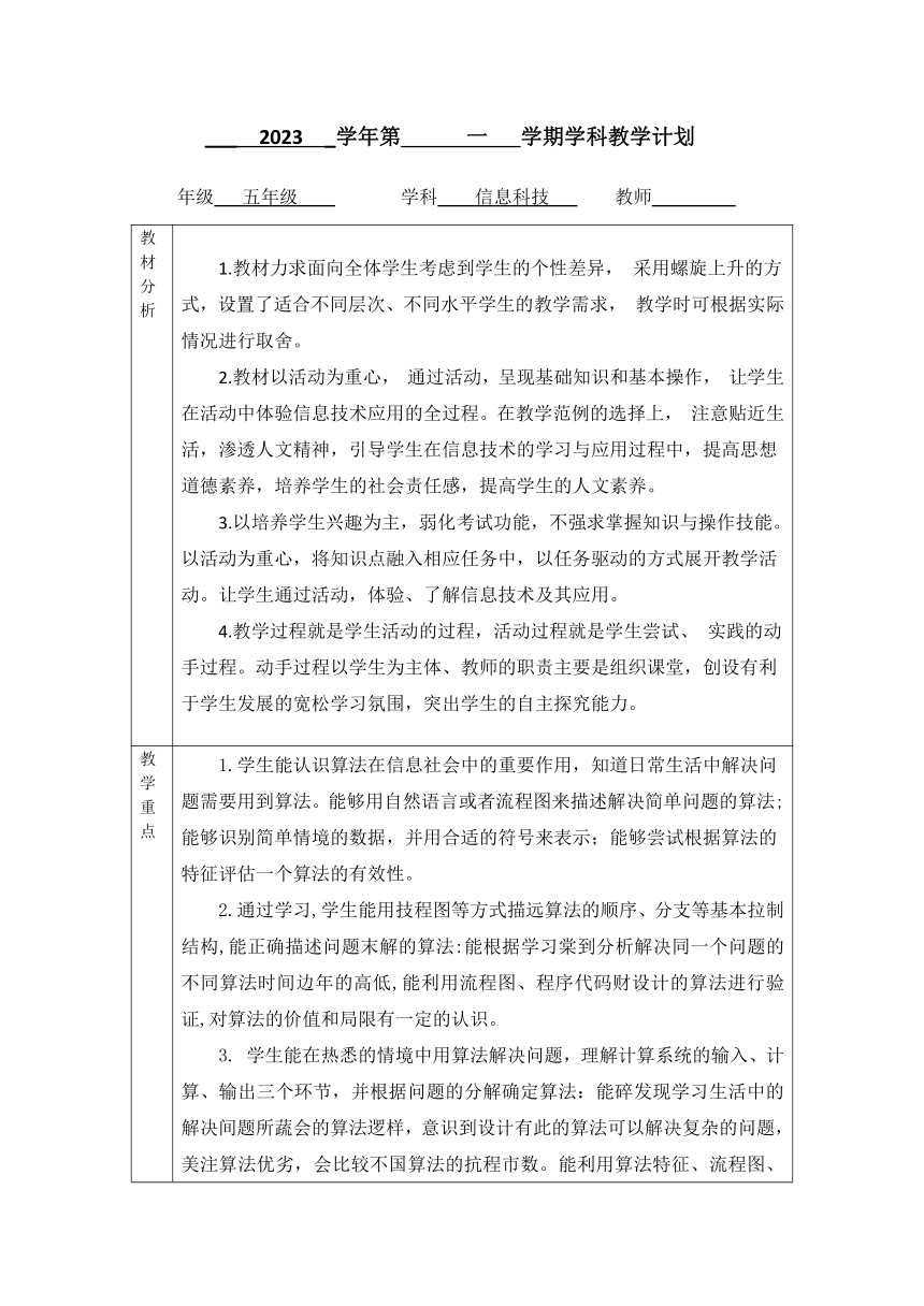 五年级上册 信息科技教学计划（表格式）