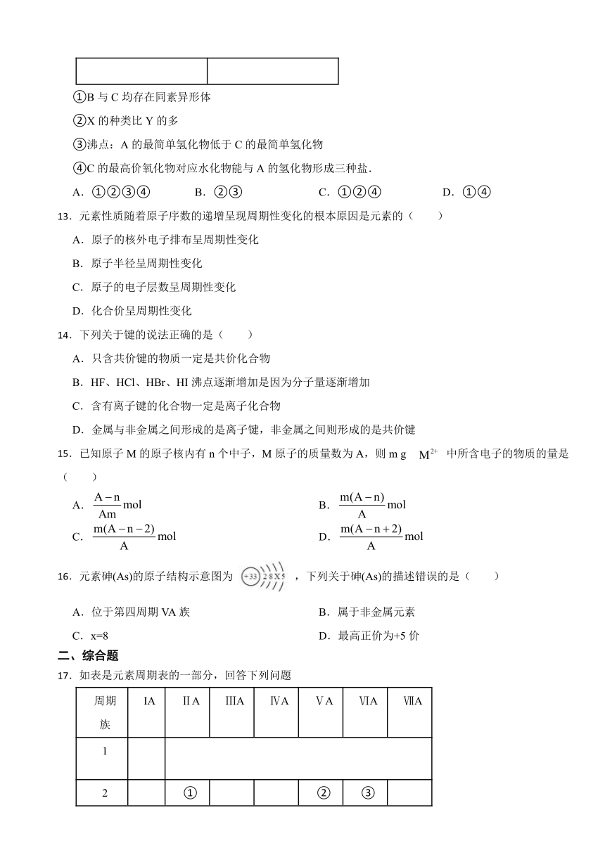 第四章 物质结构 元素周期律 （含解析）章节检测 2023-2024学年高一上学期化学（2019）必修第一册