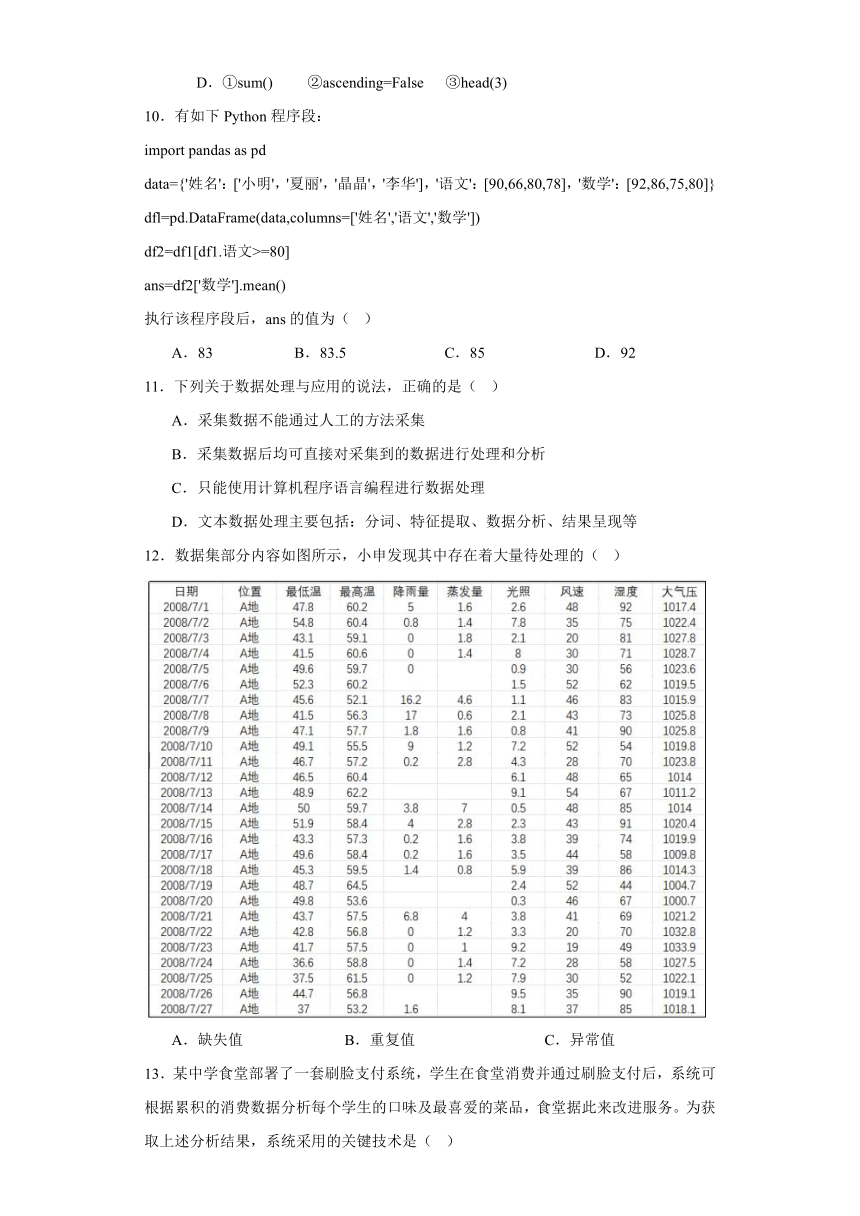 第五单元 数据分析与人工智能 单元测试（含答案）2022-—2023学年教科版（2019）高中信息