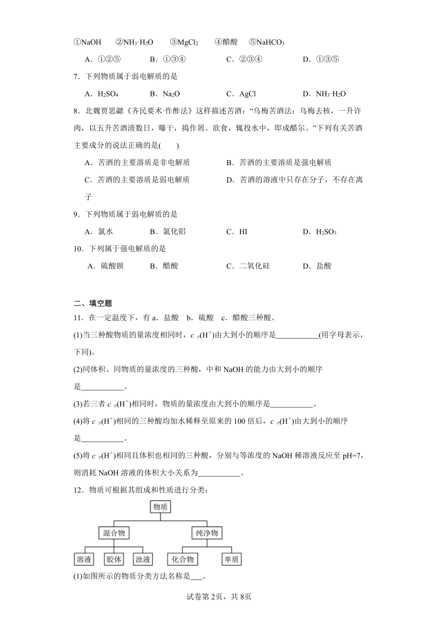 3.1.1强电解质与弱电解质（含解析）分层练习-2023-2024学年高二上学期人教版（2019）化学选择性必修1