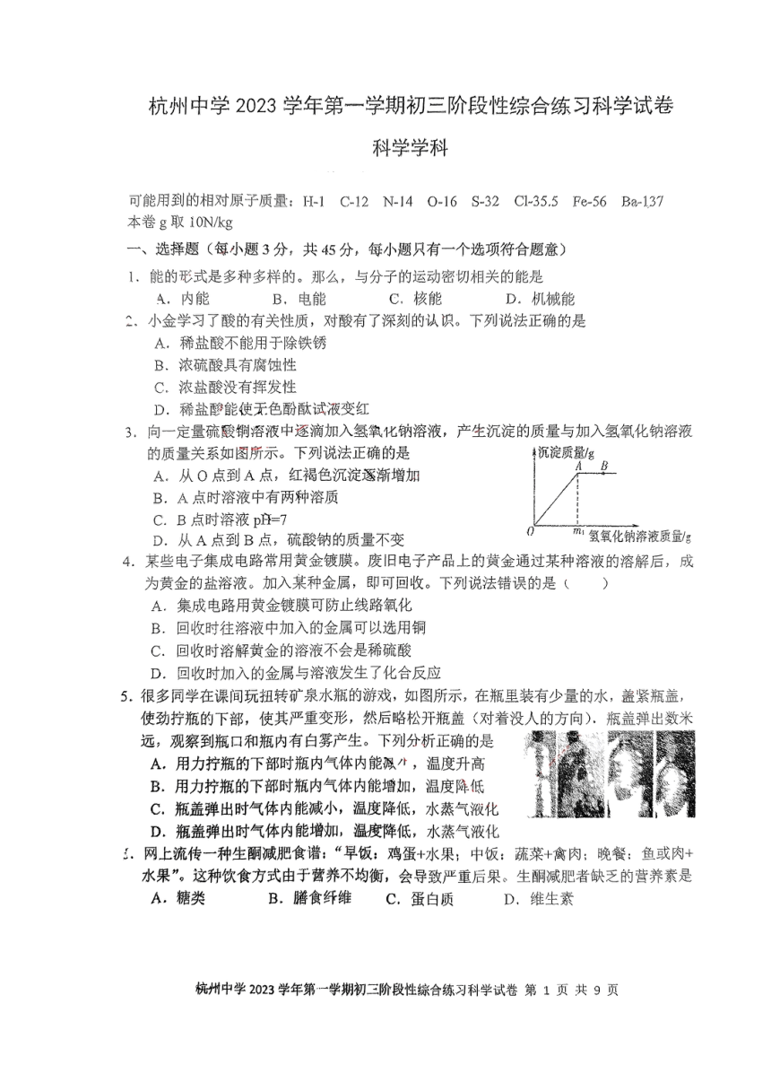 浙江省杭州中学2023年11月第一学期九年级期中科学试题（PDF版，无答案）