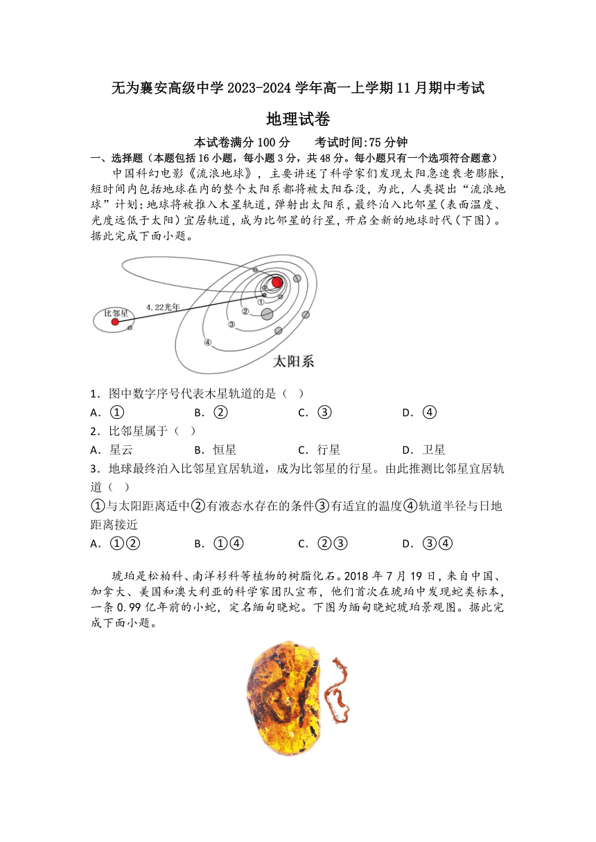 安徽省无为襄安高级中学2023-2024学年高一上学期11月期中考试地理试题（含答案）