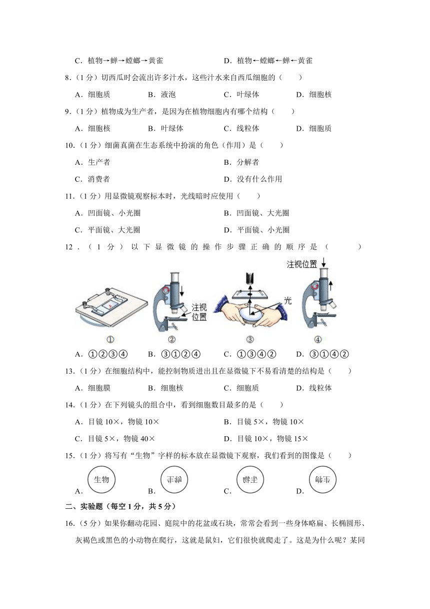 辽宁省营口市大石桥市第二初级中学2023-2024学年七年级上学期第一次月考生物试卷（含解析）