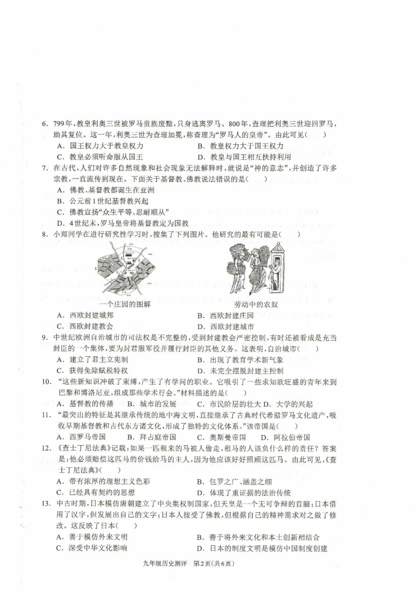 河南省驻马店市平舆县2023-2024学年九年级上学期11月期中历史试题 （扫描版含答案）