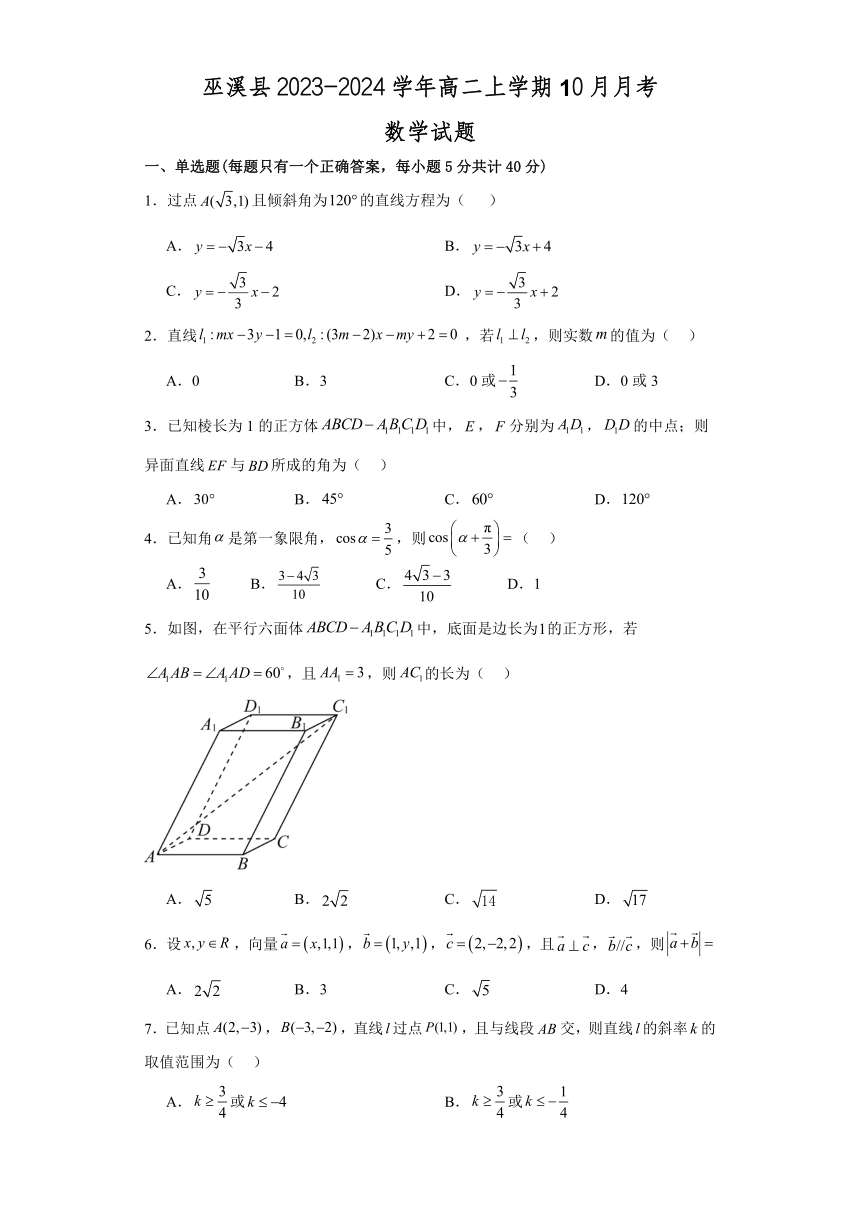 重庆市巫溪县2023-2024学年高二上学期10月月考数学试题（含答案）