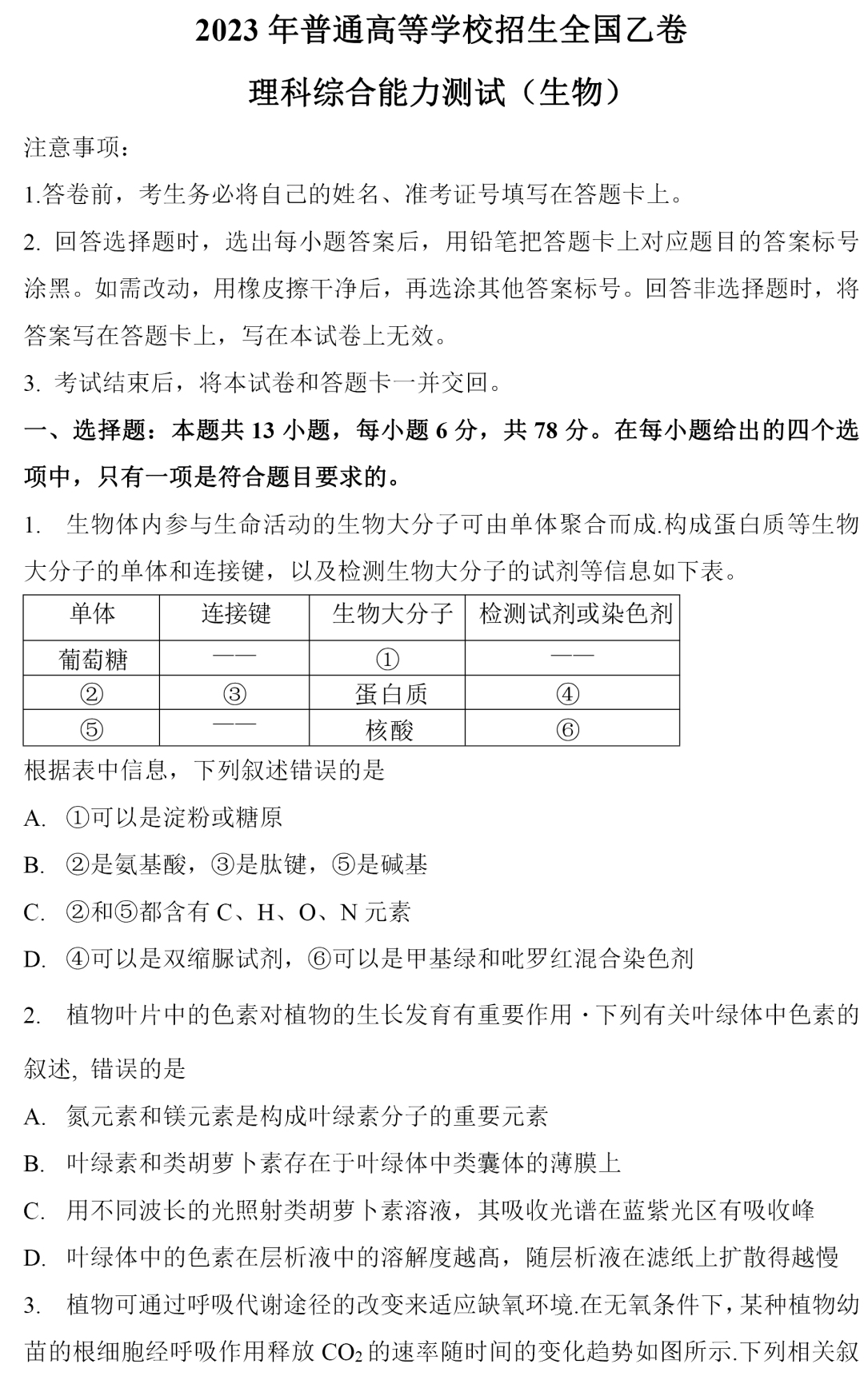 2023年高考乙卷生物真题试卷