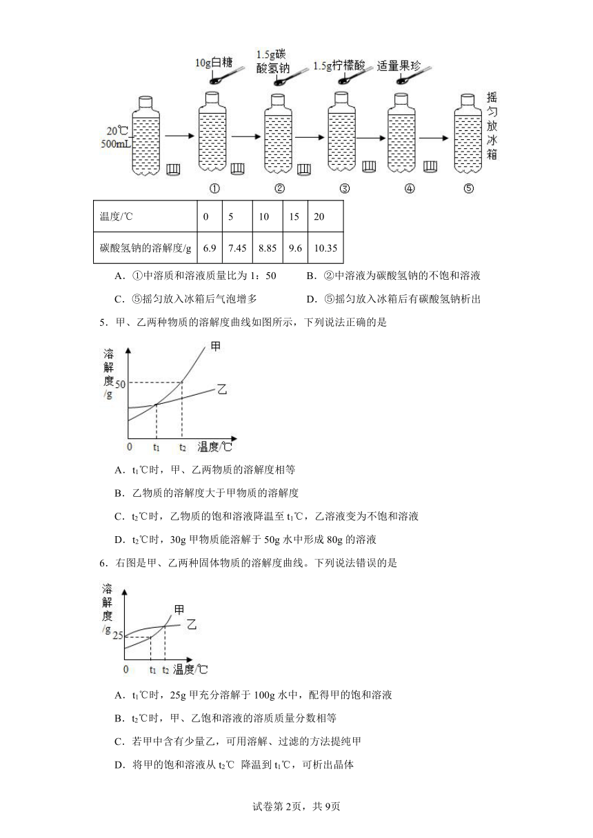 9.2《溶解度》巩固提升练（含解析）人教版初中化学九年级下册