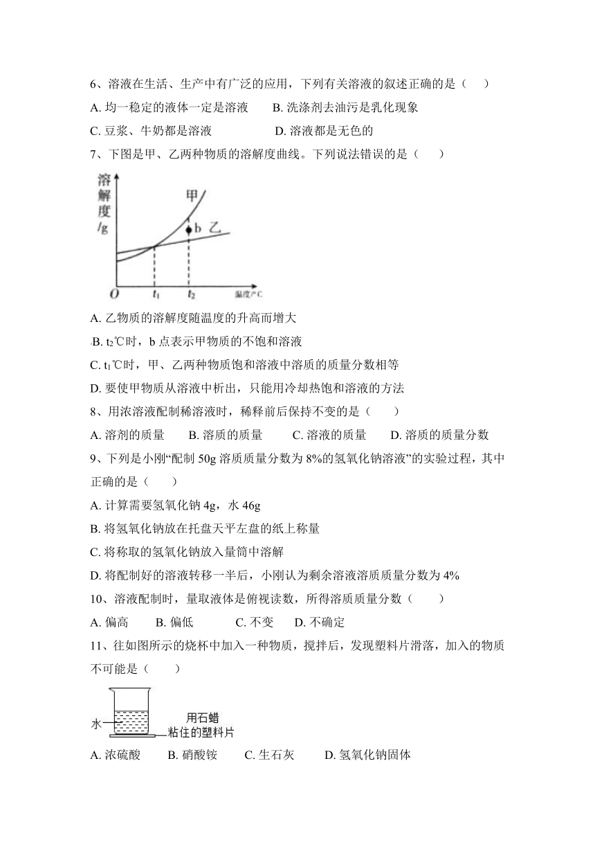 2023—2024学年人教版（五四学制）化学就九年级上册第二单元 溶液 阶段性练习题（含答案)