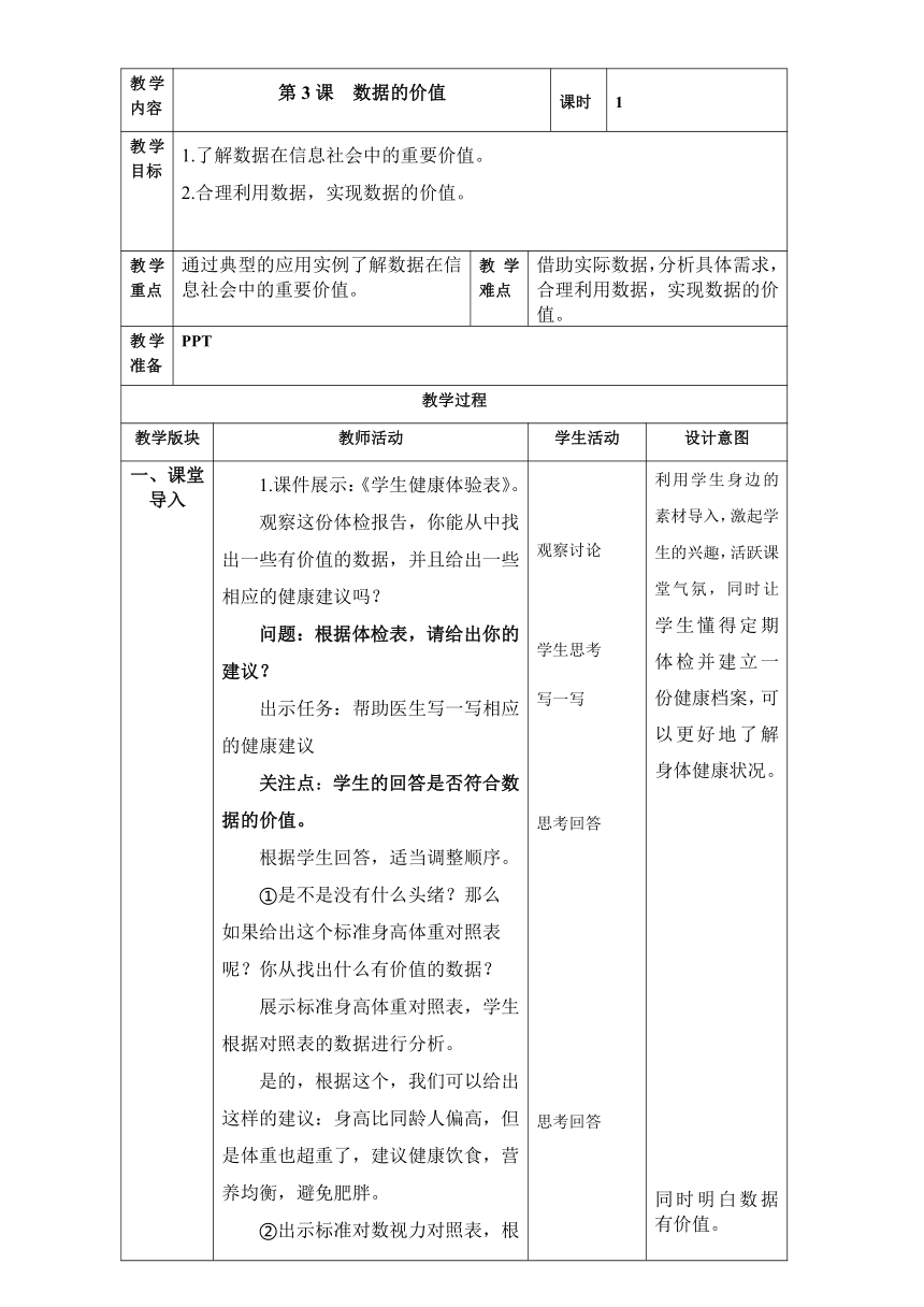 四上第3课 数据的价值 教案（表格式） 浙教版（2023）信息科技