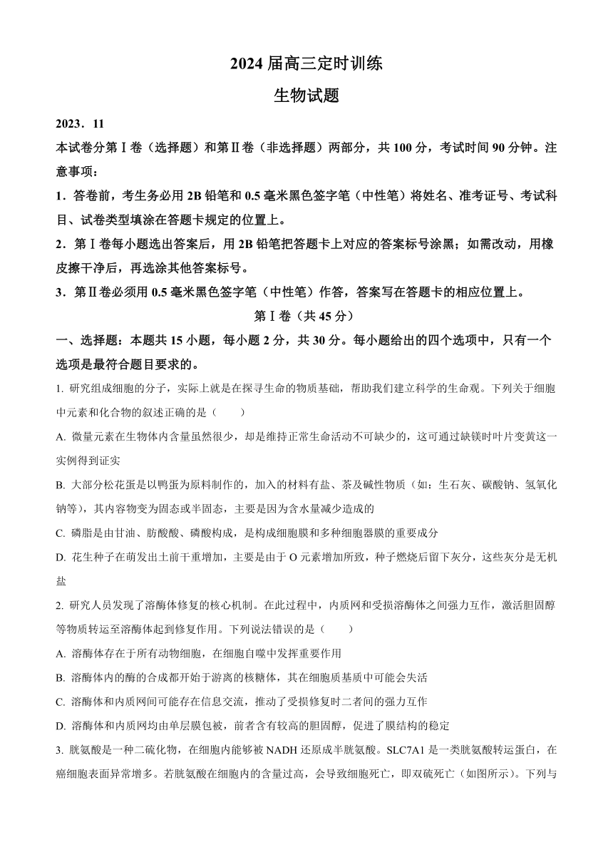 山东省枣庄市滕州市2023-2024学年高三上学期期中考试生物试卷（解析版）