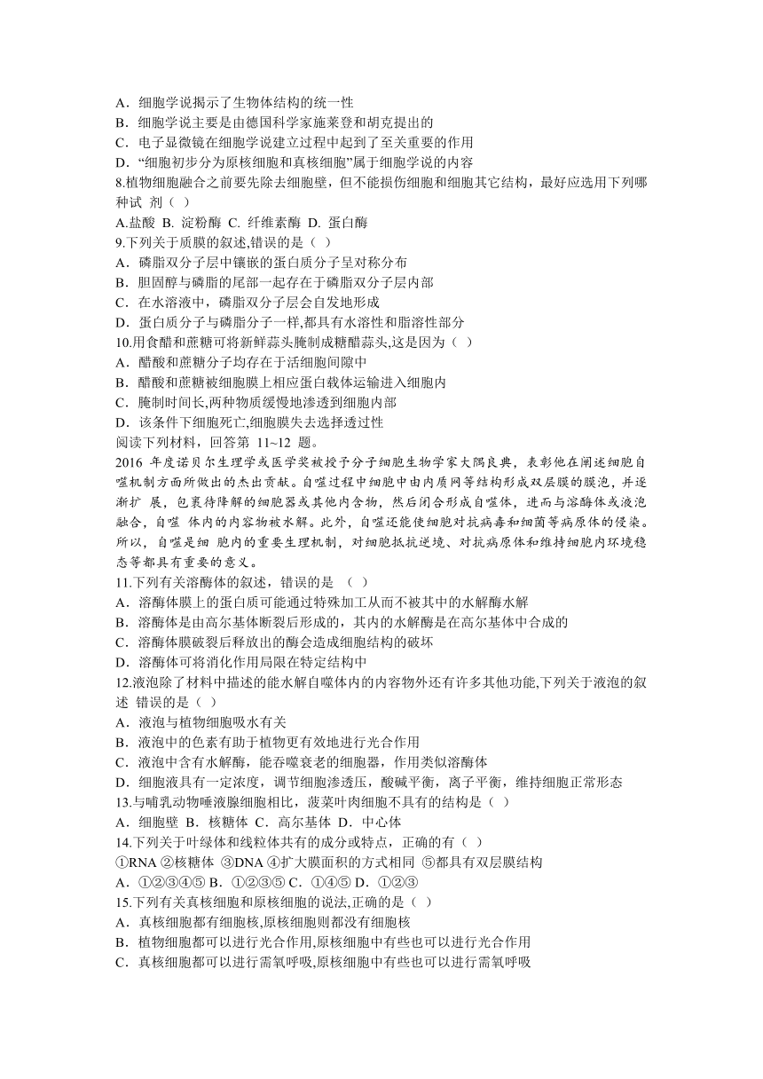 浙江省嘉兴市八校2023-2024学年高一上学期期中联考生物学试题（含答案）