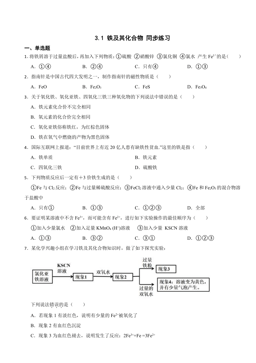 3.1 铁及其化合物（含解析） 同步练习 2023-2024学年高一上学期化学人教版（2019）必修第一册