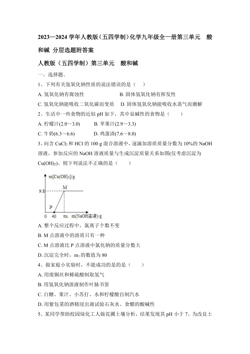 2023—2024学年人教版（五四学制）化学九年级全一册第三单元 酸和碱 分层选题（含答案）