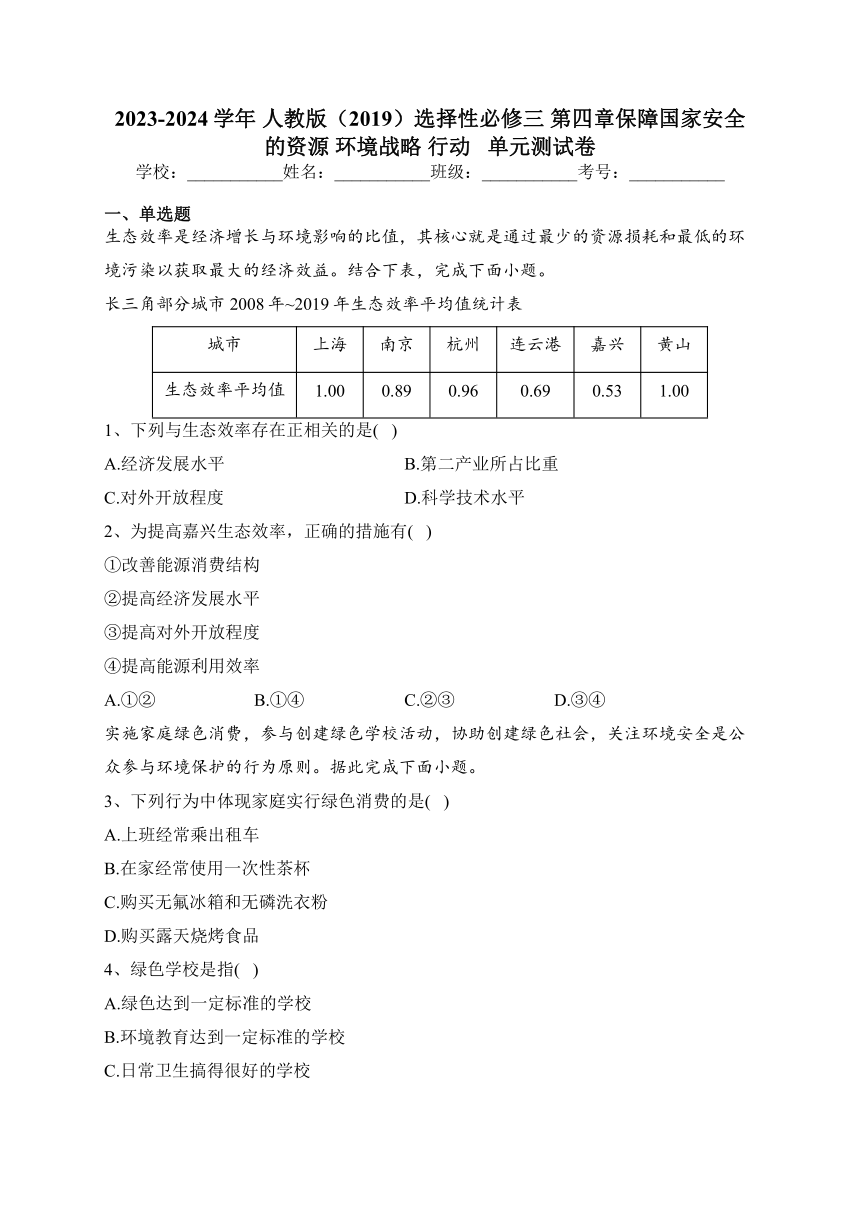 2023-2024学年 人教版（2019）选择性必修三 第四章保障国家安全的资源 环境战略 行动 单元测试卷(含答案)