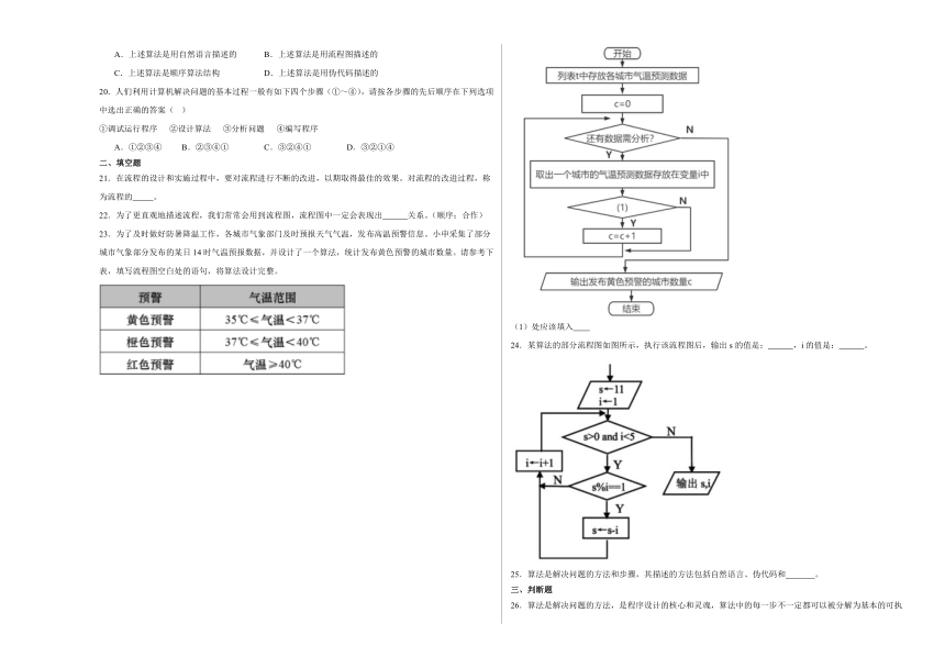 第二章 算法与问题解决 测试卷（含答案）2023—2024学年浙教版（2019）高中信息技术必修1