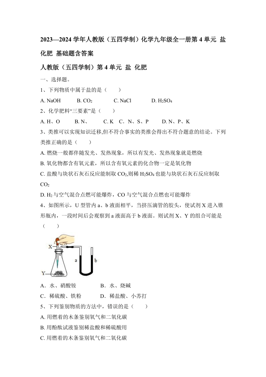 2023—2024学年人教版（五四学制）化学九年级全一册第4单元 盐 化肥 基础题（含答案）