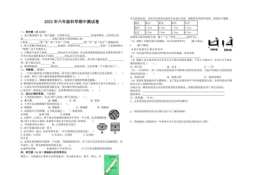 甘肃省武威市2023-2024学年六年级上学期11月期中科学试题(无答案)