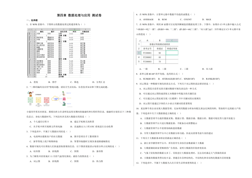 第四章 数据处理与应用 测试卷（含答案）2023—2024学年浙教版（2019）高中信息技术必修1