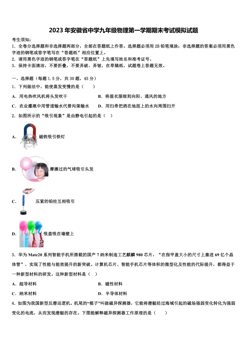 2023年安徽省中学九年级物理第一学期期末考试模拟试题（含解析）