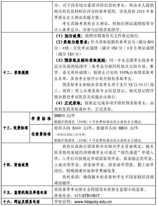 2024上海立达学院春季高考招生简章 招生专业及计划