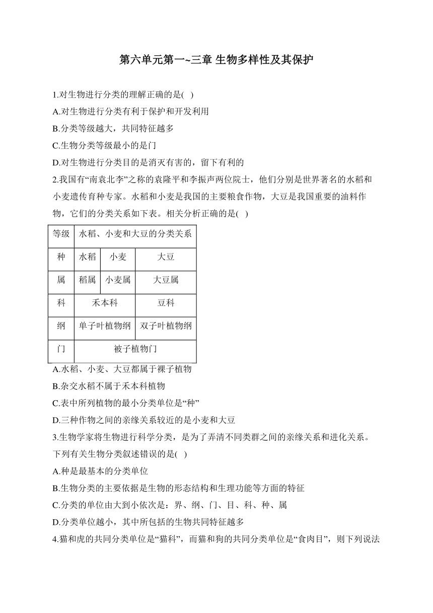 第六单元第一~三章 生物多样性及其保护人教版八年级生物期末章节重点知识练习 （含解析）
