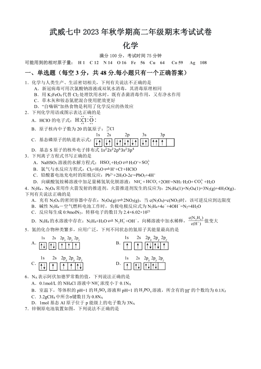 甘肃省武威市重点中学2023-2024学年高二上学期期末考试化学试题（含答案）