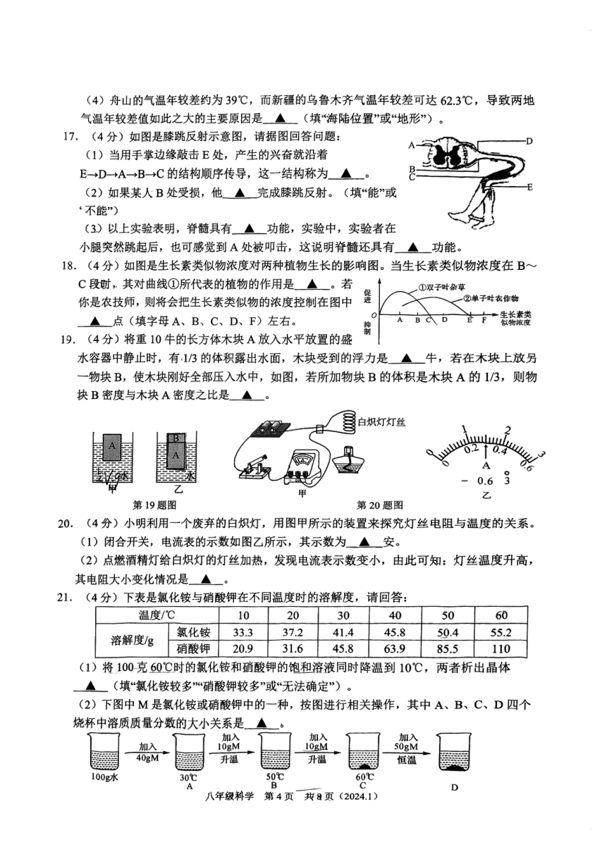 浙江省杭州市临平区树兰中学2024年1月八年级科学期末综合练习（图片版，无答案）