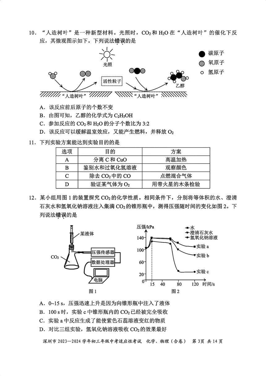 广东省深圳市2023一2024学年初三年级中考适应性考试 物理化学试题（PDF版无答案 ）