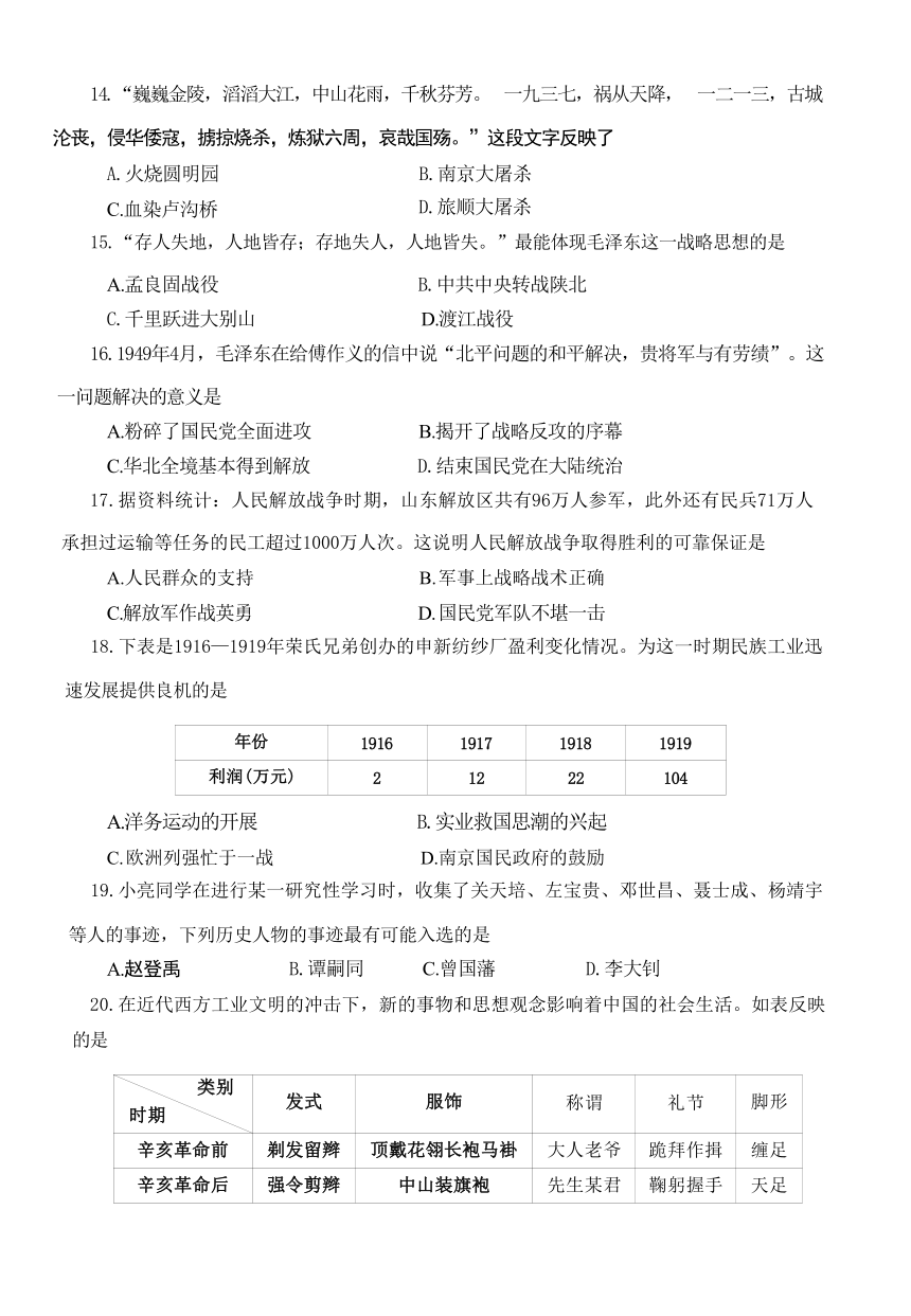 河南省焦作市2023-2024学年部编版八年级历史上学期期末质量调研试题（无答案）